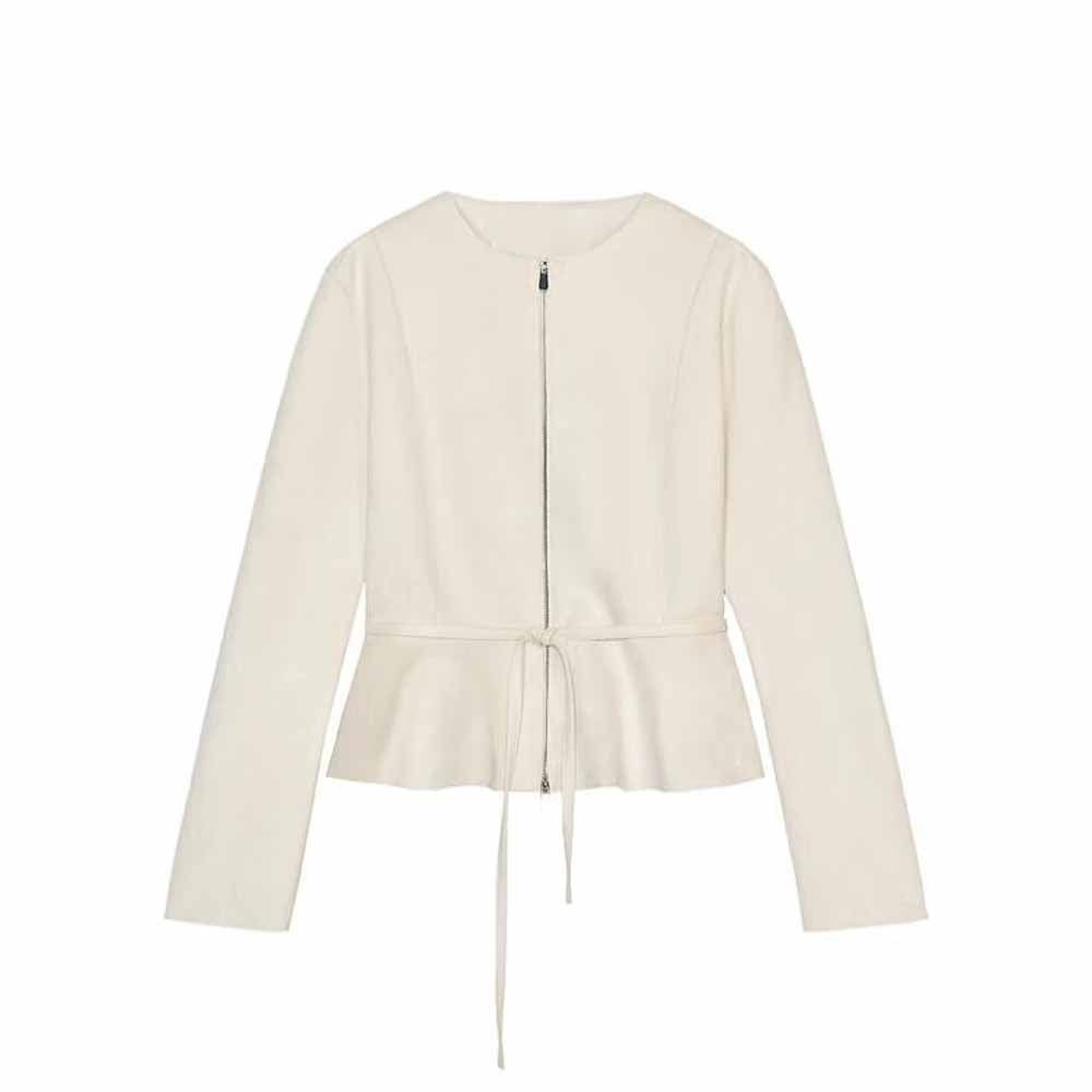 Women's new Fashion belt decoration casual short suede texture O-Neck coat retro long sleeved zipper women's coat chic top