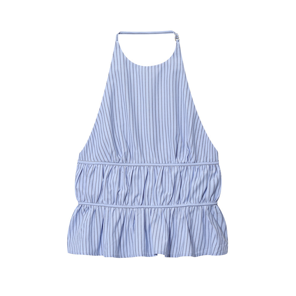 Women's new fashion striped poplin hanging neck collar top