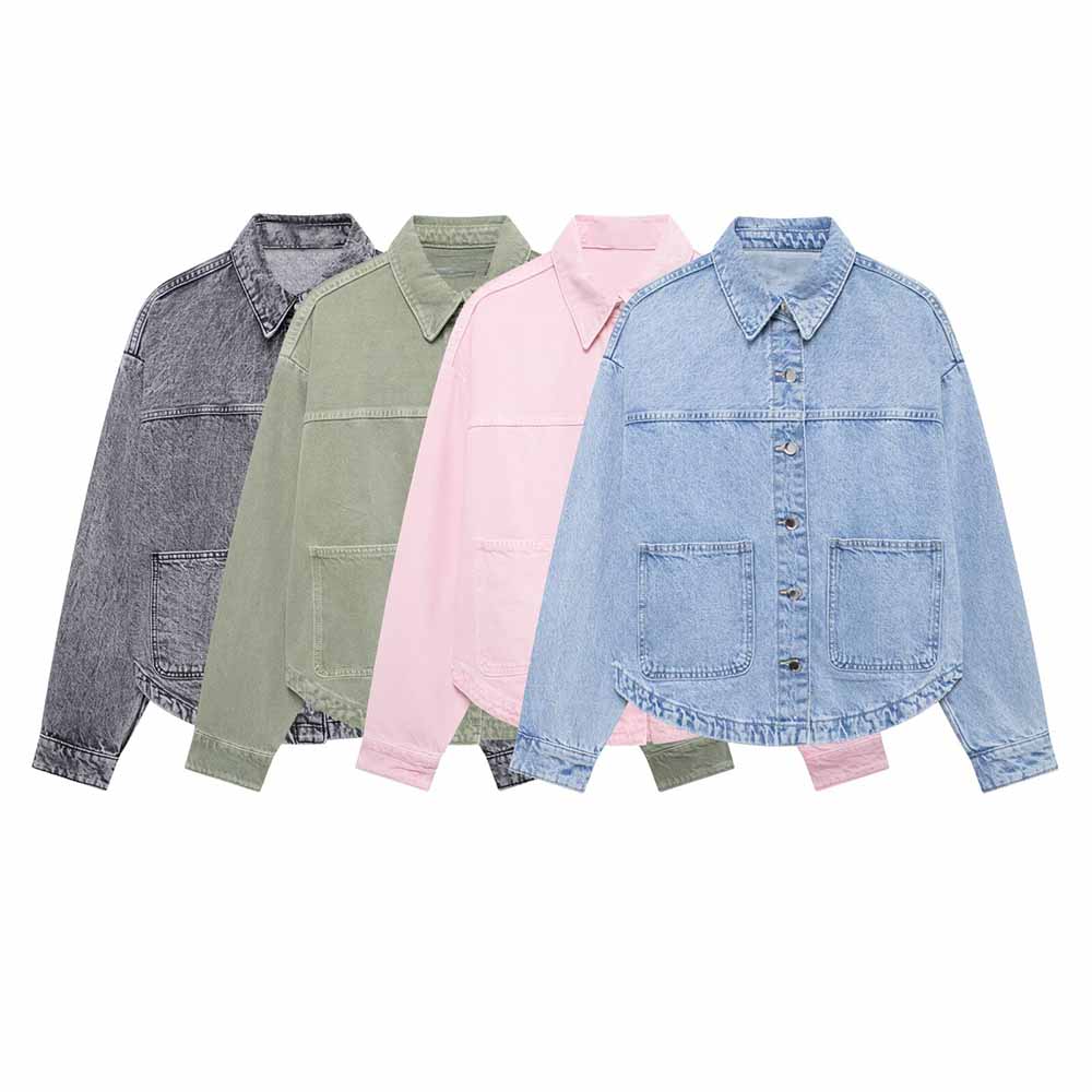 Women's new fashion patch pocket decoration casual lapel denim jacket coat retro long sleeved button up women's coat chic top