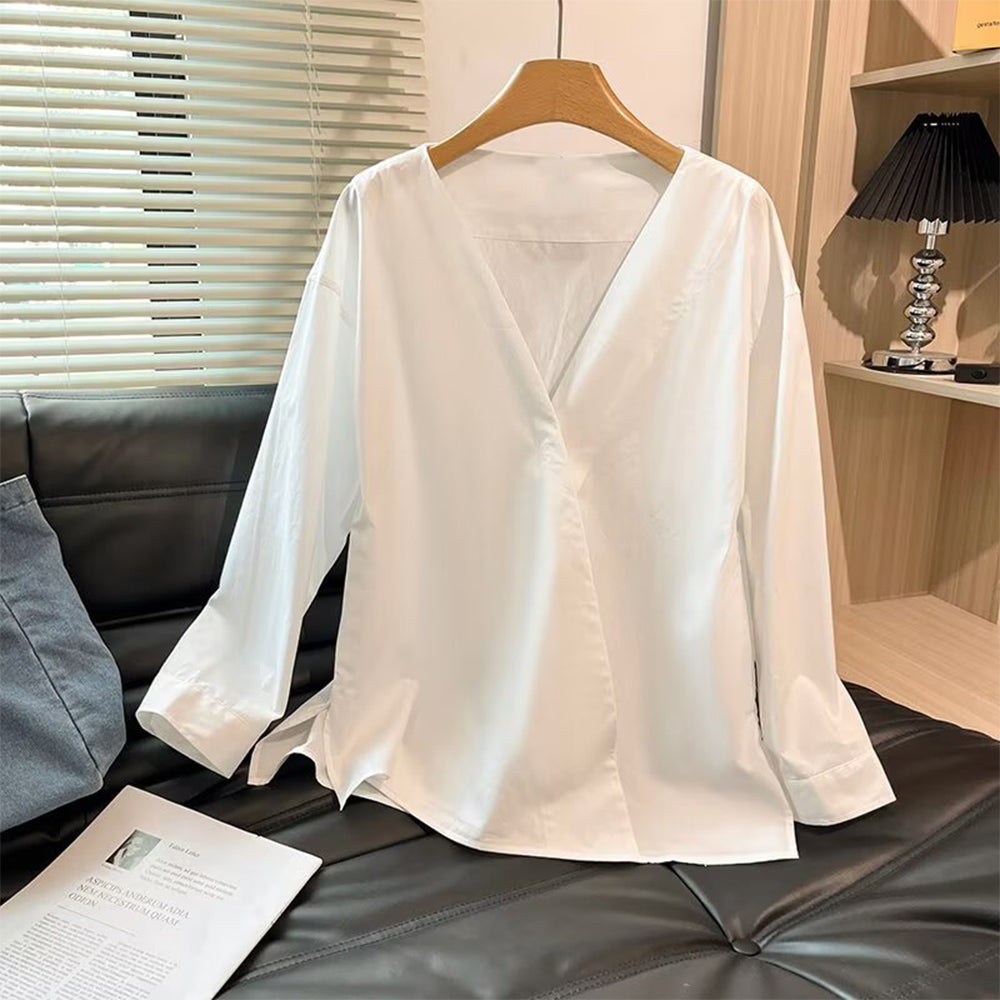 Women's new fashion loose white long sleeved V-neck shirt