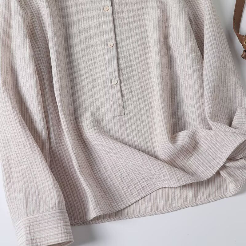 Women's new fashion long sleeved lapel textured striped shirt
