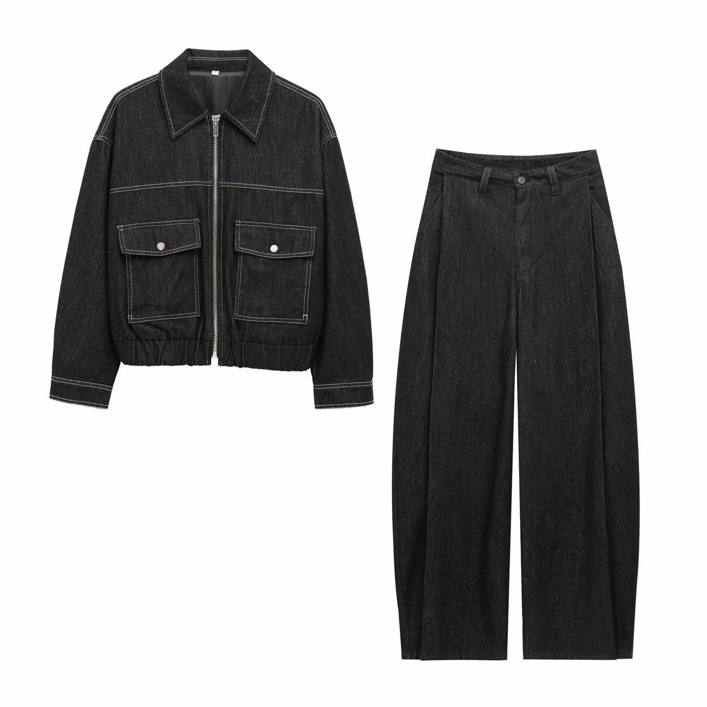 Women's new Fashion flip pocket decoration casual denim effect jacket retro long sleeved zipper women's coat chic top+jeans women's suit