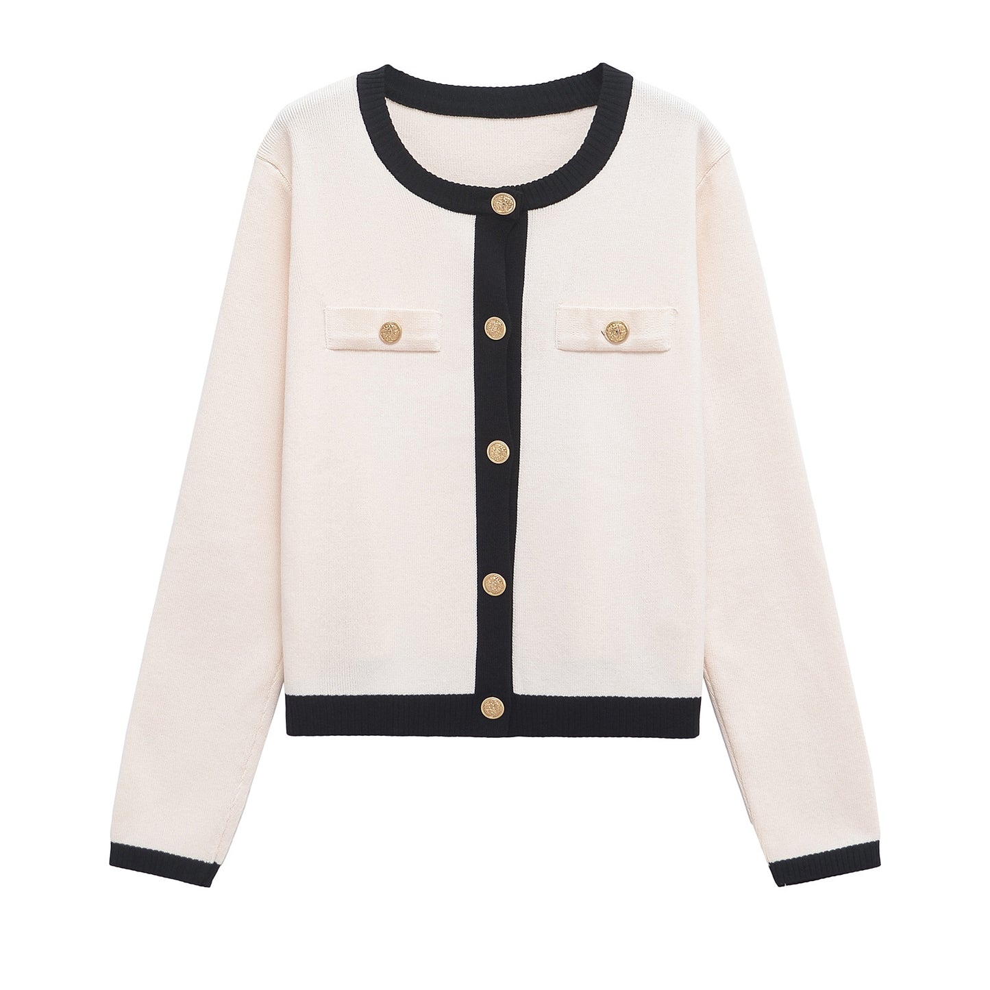 Women's new versatile fashion O-neck gold button knitted long sleeve cardigan
