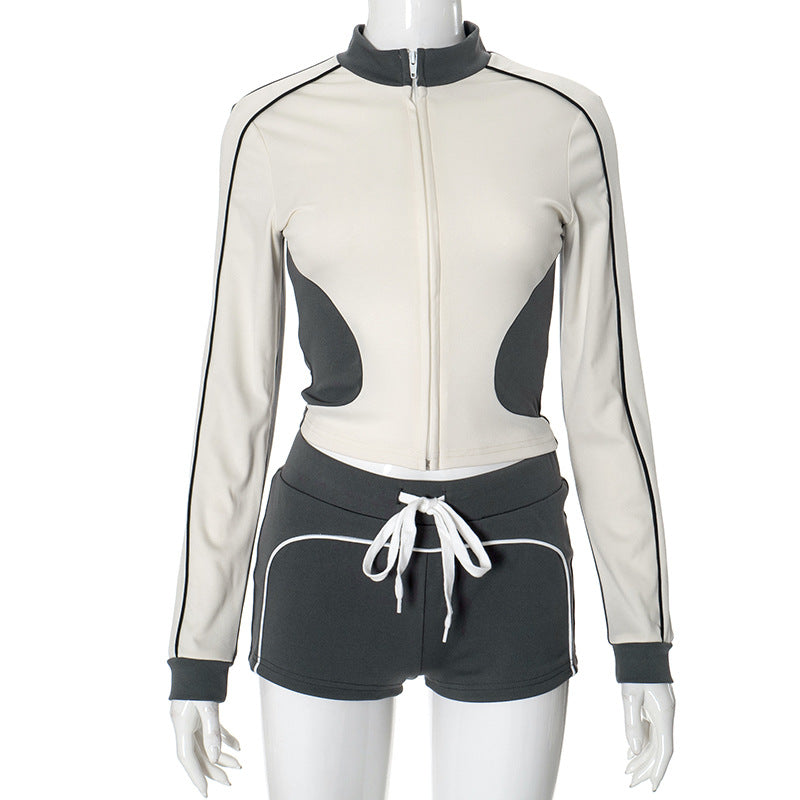 Women's New Stand-up Collar Slim Fitness Clothes Slim Top Sports Coat Shorts Suit