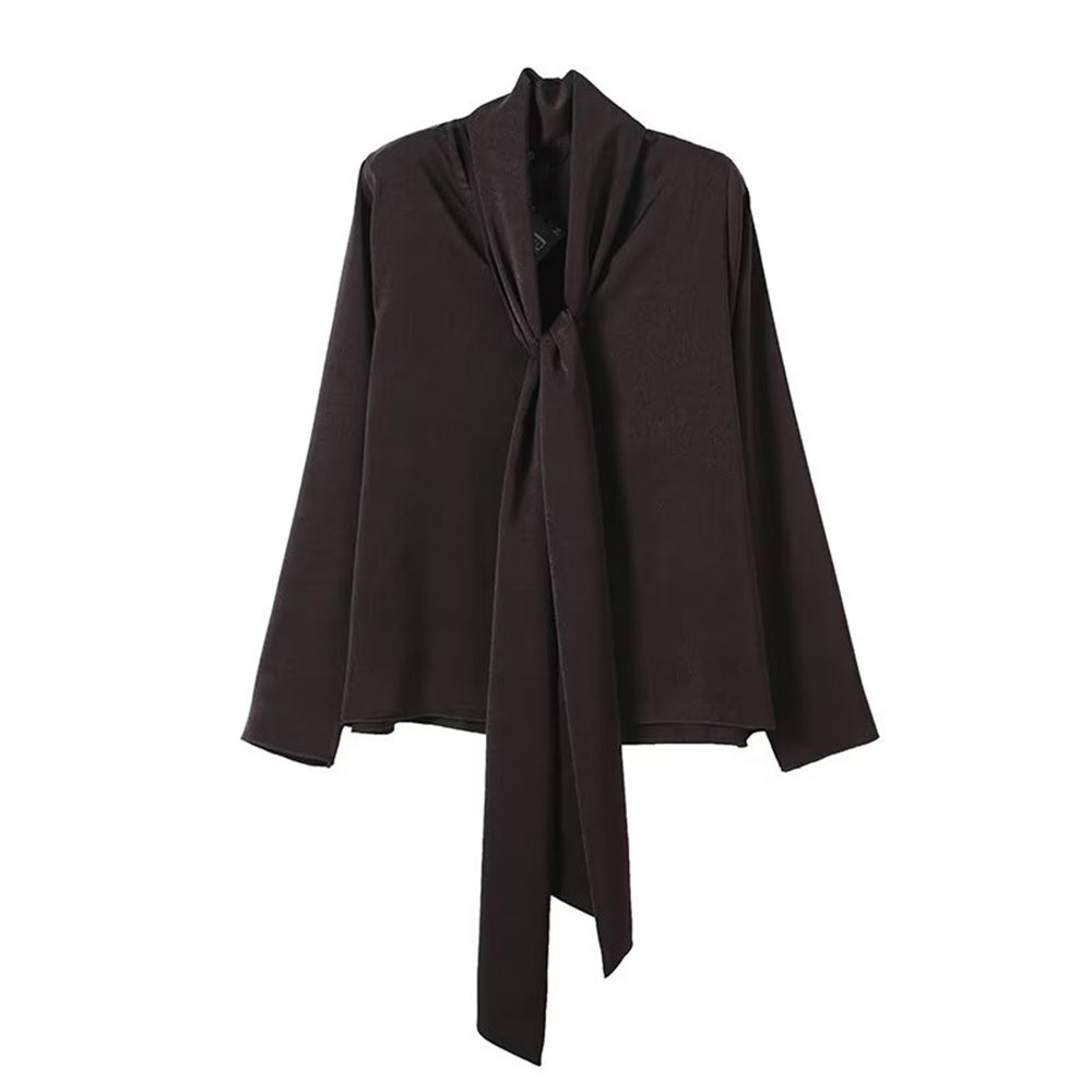 Women's new fashion ribbon decoration long sleeved V-neck draped shirt