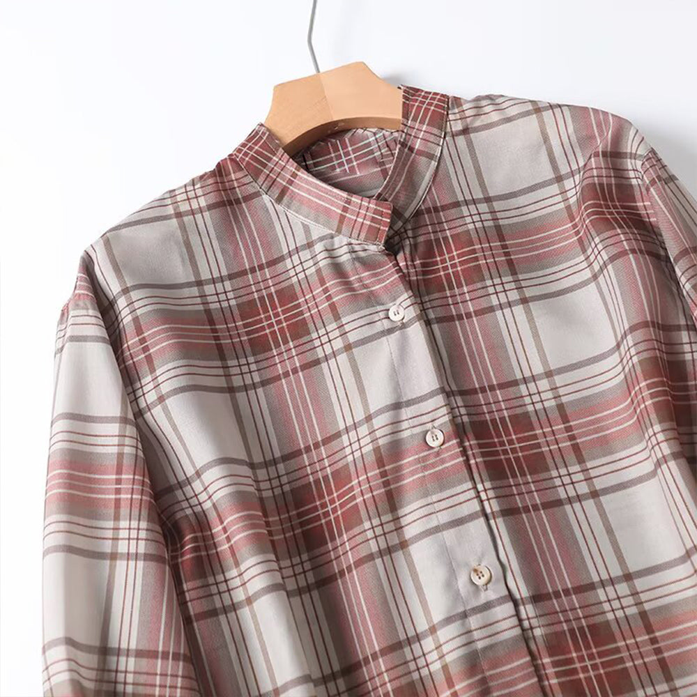 Women's new fashion long sleeved stand collar plaid printed shirt
