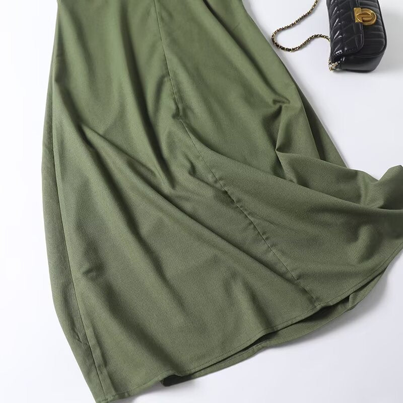 Women's new fashion short sleeved linen blended V-neck MIDI dress