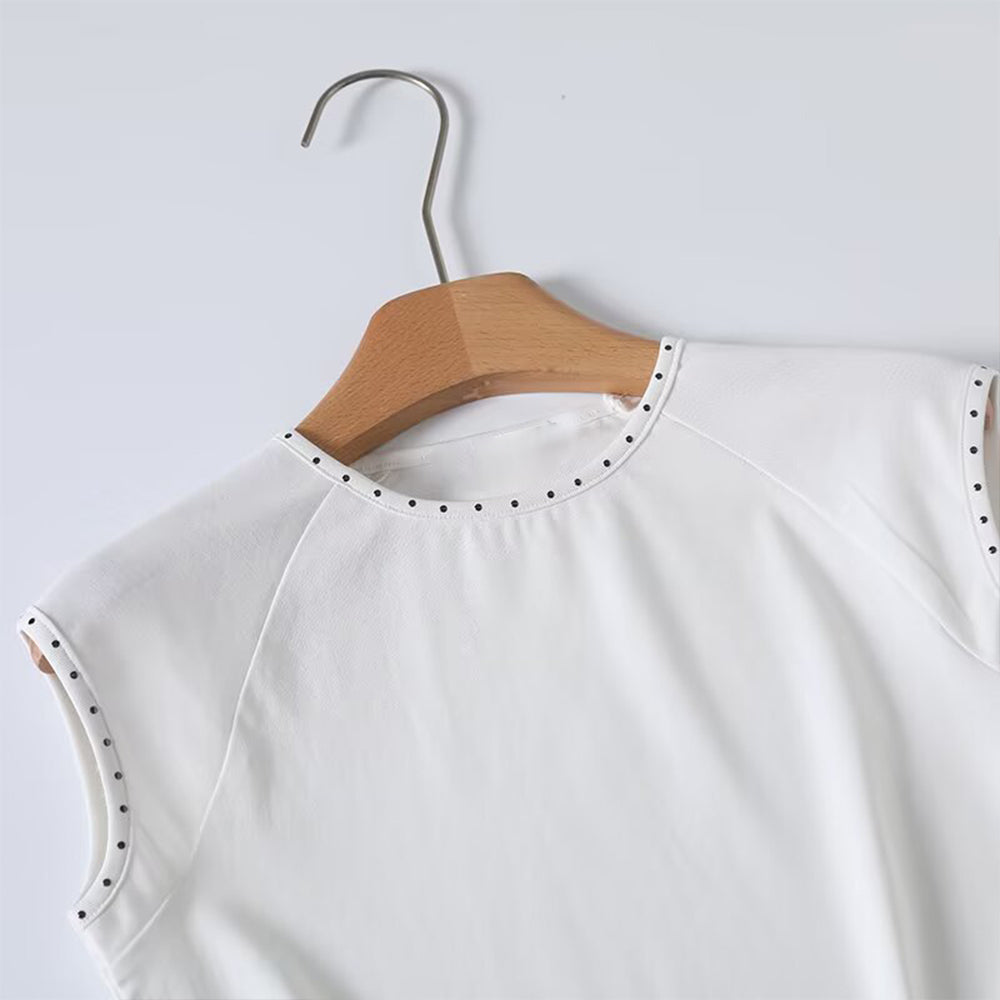 Women's new fashion rivet decoration slim O-Neck T-shirt top