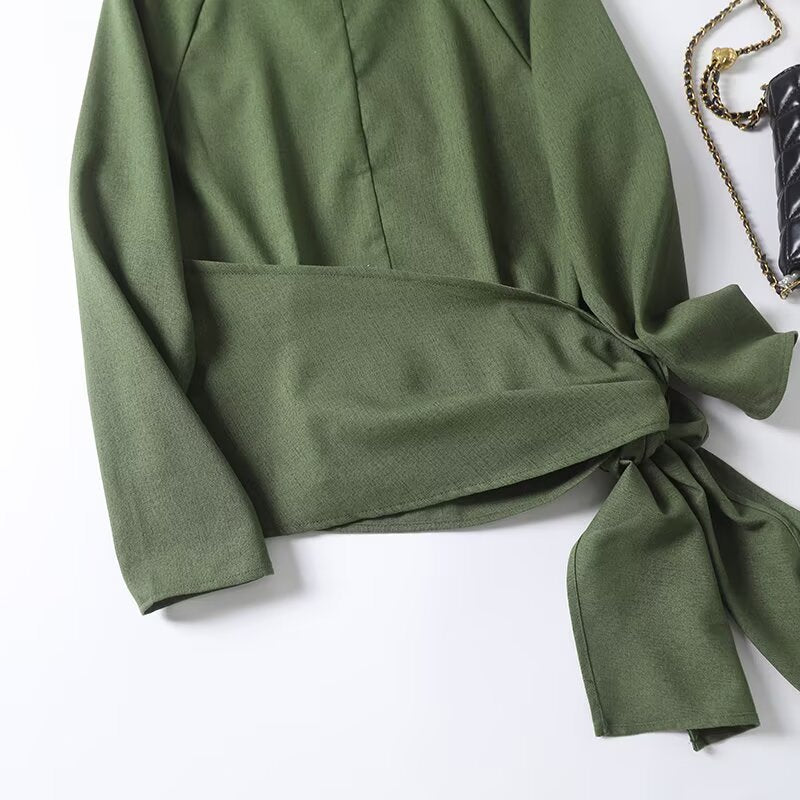 Women's new fashion knot decoration linen blended V-neck shirt