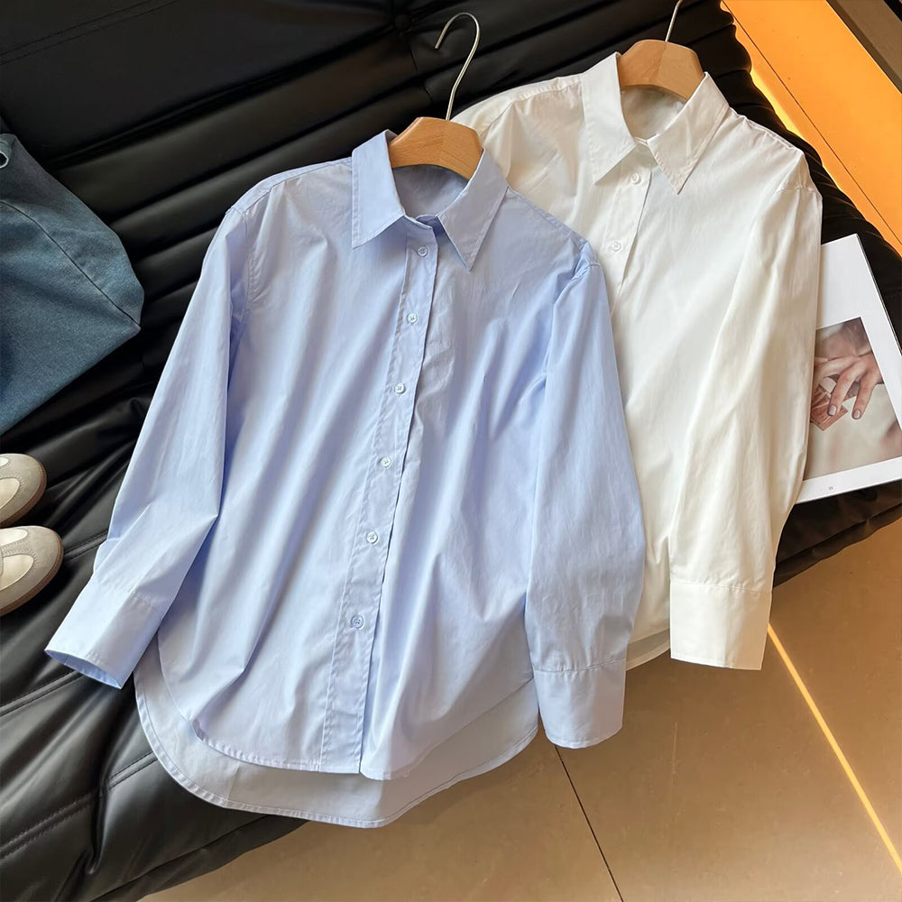 Women's new fashion loose basic style solid cotton long sleeved shirt