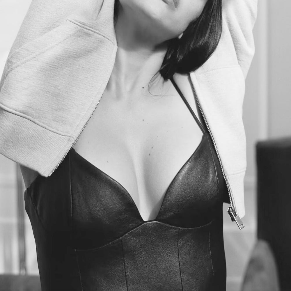 Women's layered decoration Faux Leather suspender mini dress