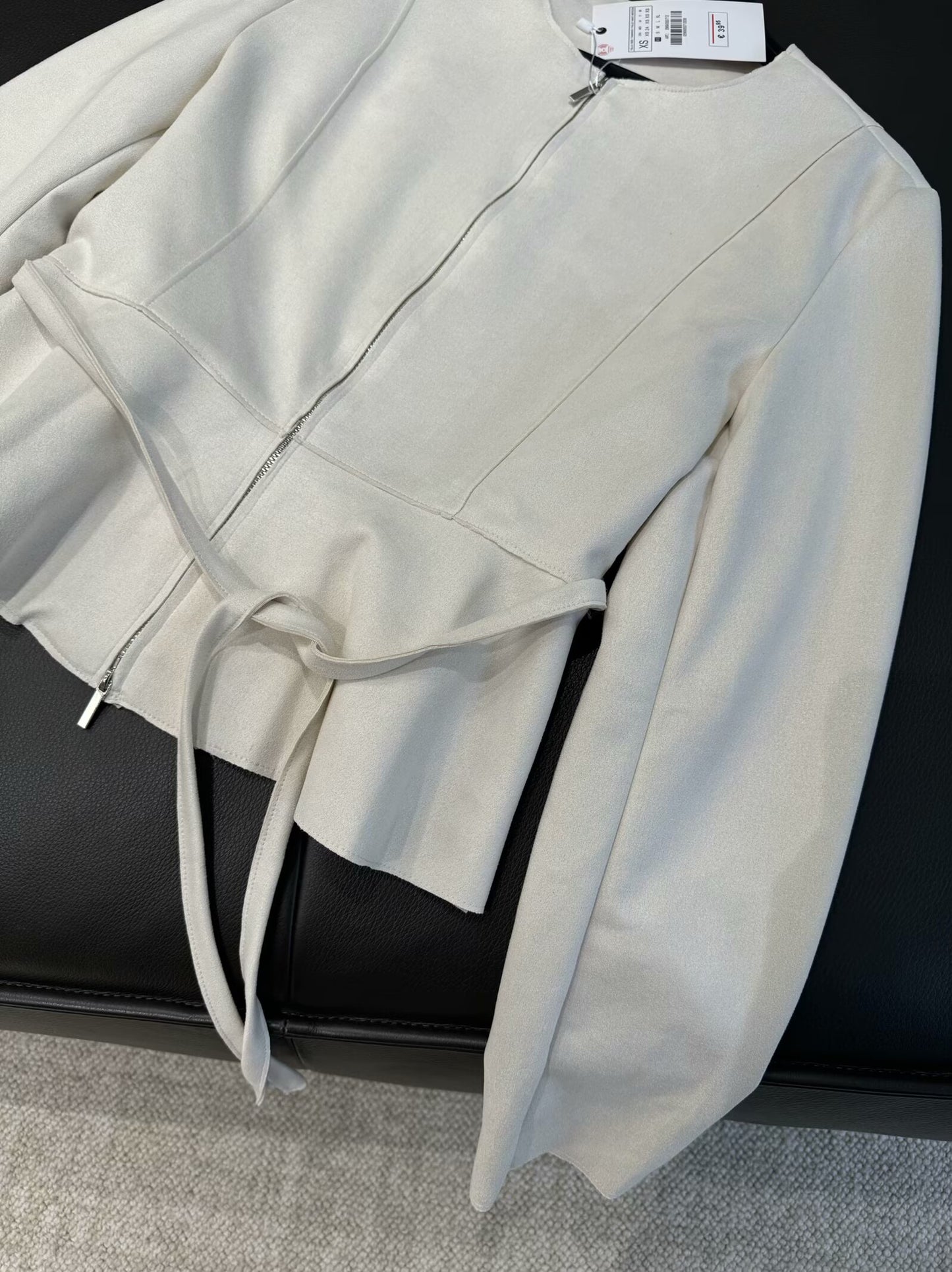 Women's new Fashion belt decoration casual short suede texture O-Neck coat retro long sleeved zipper women's coat chic top