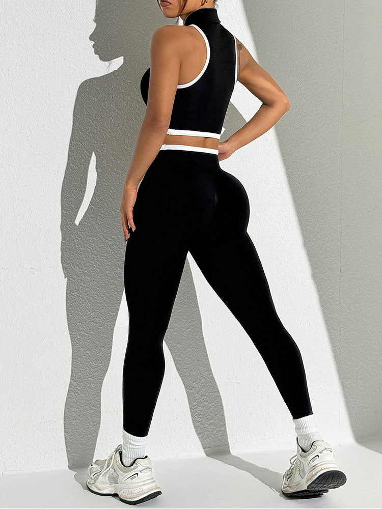 Women's 2025 new seamless contrast yoga clothes zipper sleeveless running bra fitness pants sports suit