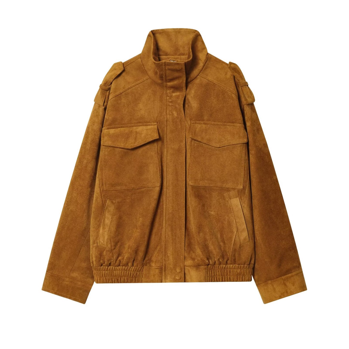 Women's new fashion loose stand collar suede textured leather jacket