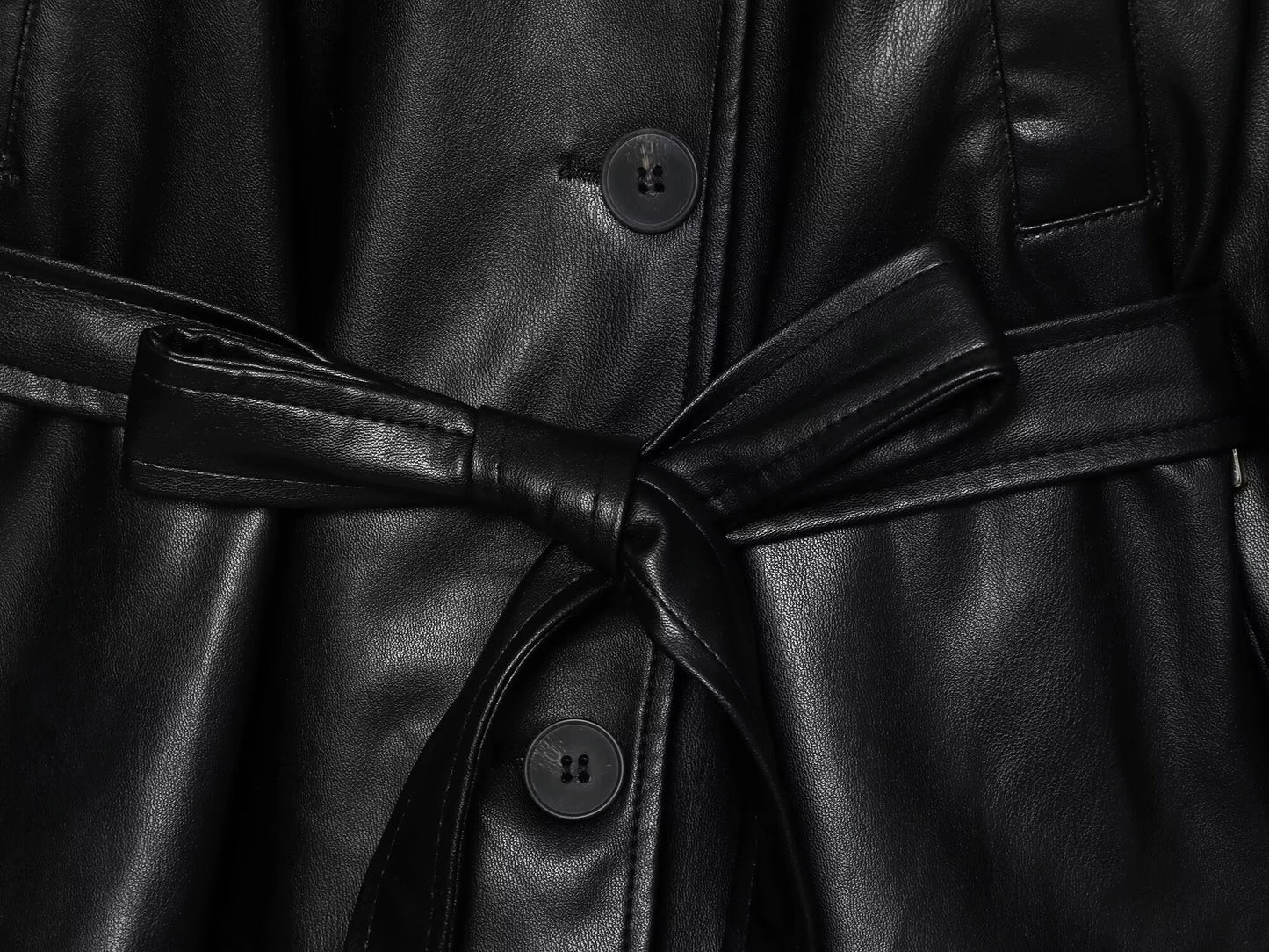 Women's new fashion with Belt black short Faux Leather windbreaker Coat
