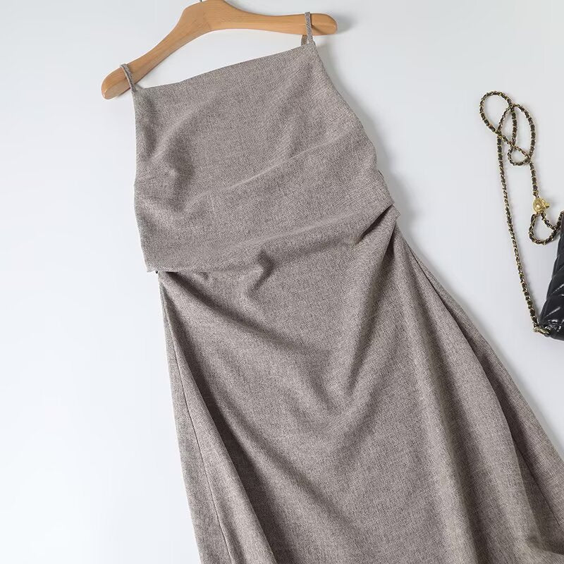 Women's new fashion pleated decoration slim suspender MIDI dress