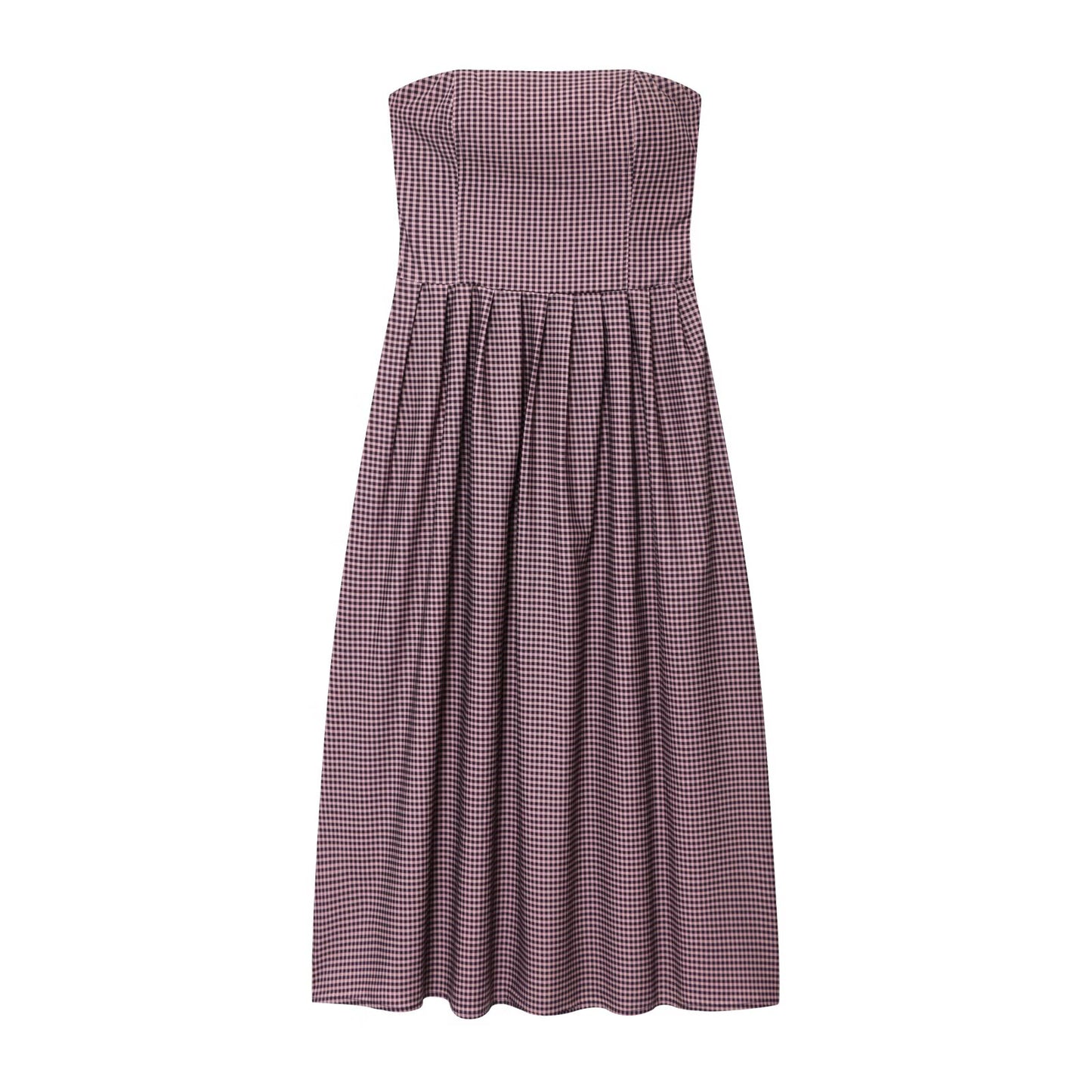 Women's new fashion pleated decorative plaid strapless MIDI dress
