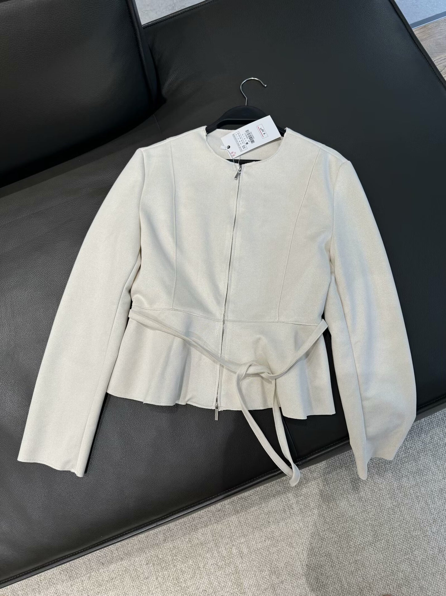 Women's new Fashion belt decoration casual short suede texture O-Neck coat retro long sleeved zipper women's coat chic top