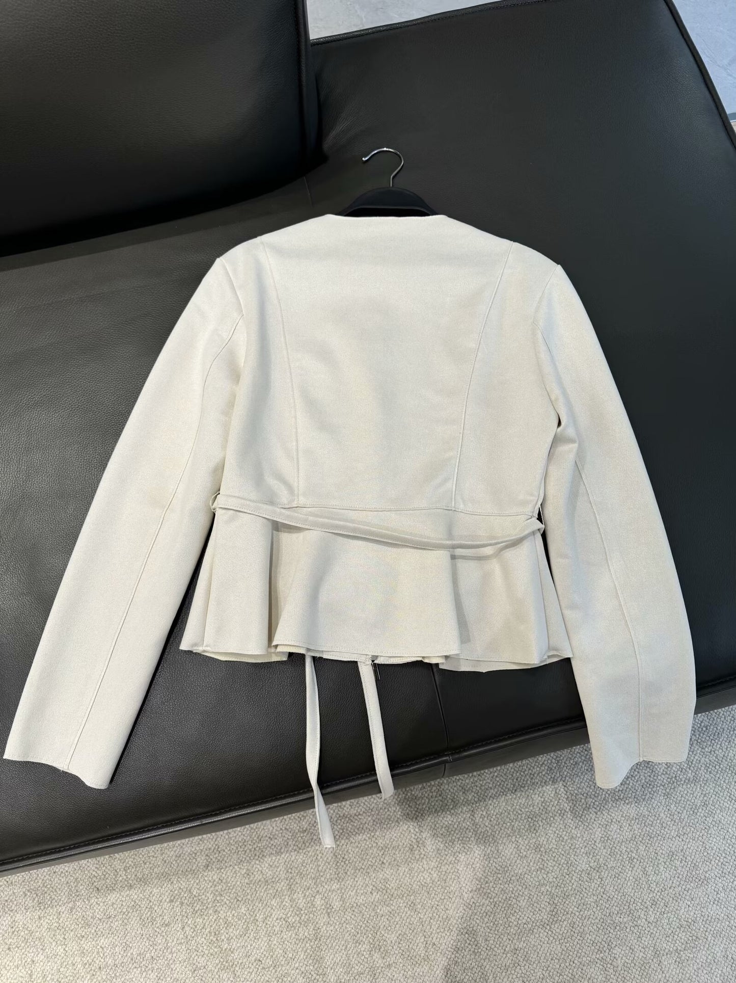 Women's new Fashion belt decoration casual short suede texture O-Neck coat retro long sleeved zipper women's coat chic top