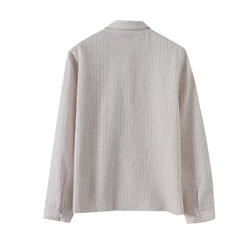 Women's new fashion long sleeved lapel textured striped shirt