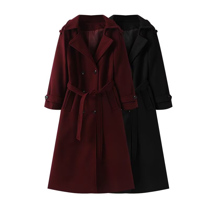 Women's Autumn and Winter New Fashion Joker Belt Accessories Double-breasted Long Coat Retro Long Sleeve Coat Chic Women's Coat.