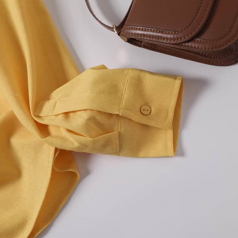 Women's new fashion long sleeved lapel cotton linen blend shirt