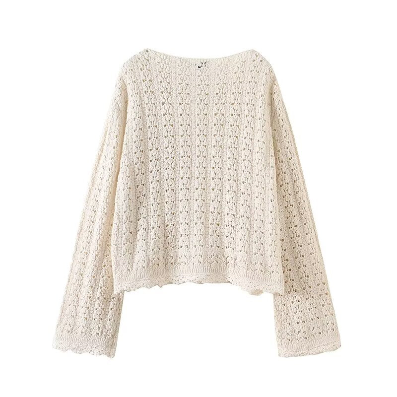 Women's new fashion long sleeved hollow crochet O-Neck knitted top