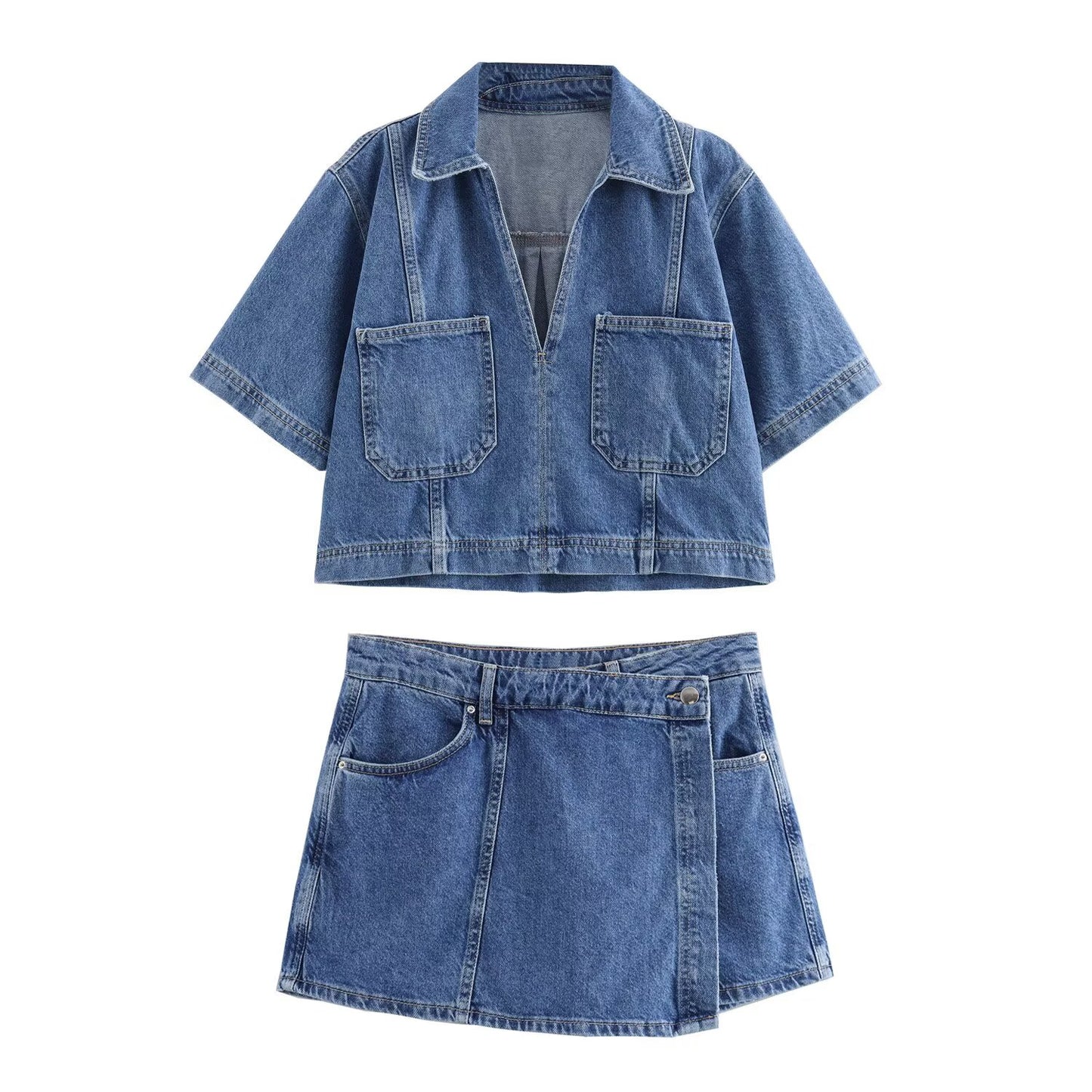 Ladies' new fashion casual short denim shirt retro short sleeved women's shirt chic top+Shorts Skirts Women's suit