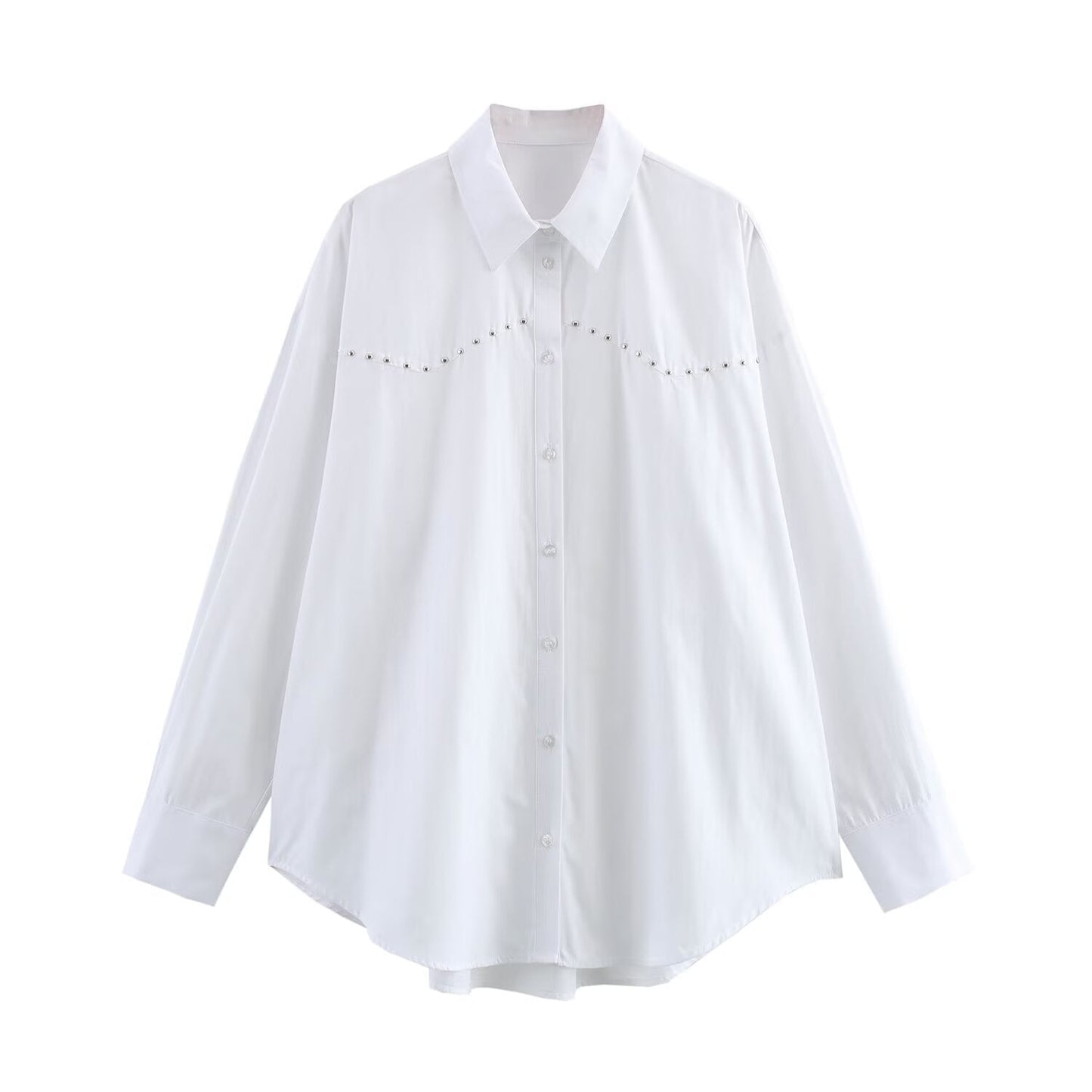 Women's new fashion rivet decoration loose basic style single breasted lapel shirt retro long sleeved poplin women's shirt chic top