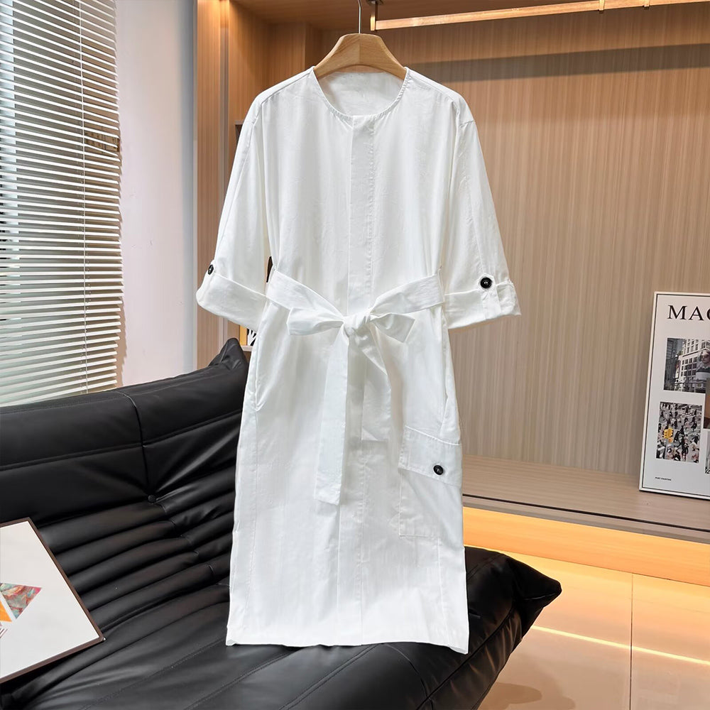 Women's new fashion with Belt round neck shirt style MIDI dress
