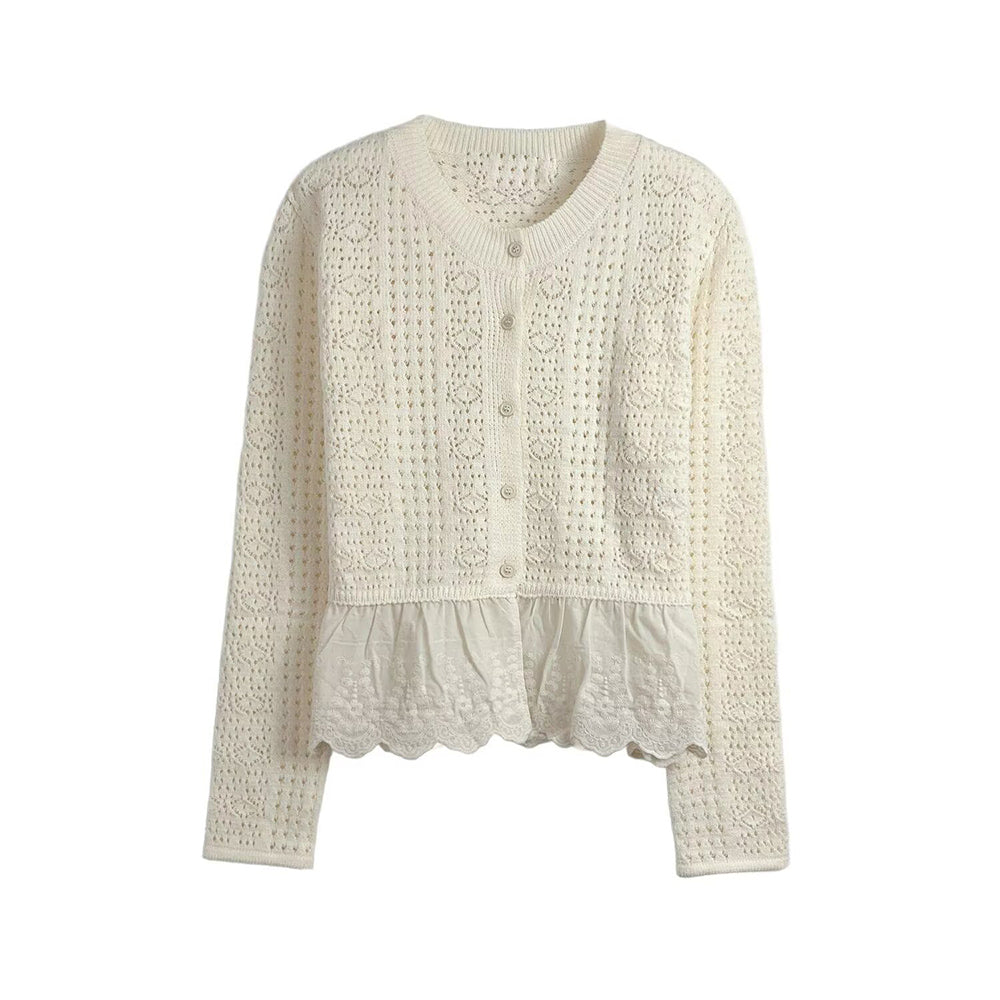 Women's New Fashion embroidered hem Hollow Splicing Knitted Cardigan
