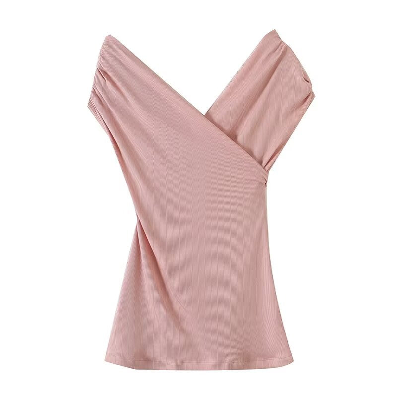 Women's new fashion slim one shoulder V-neck T-shirt top