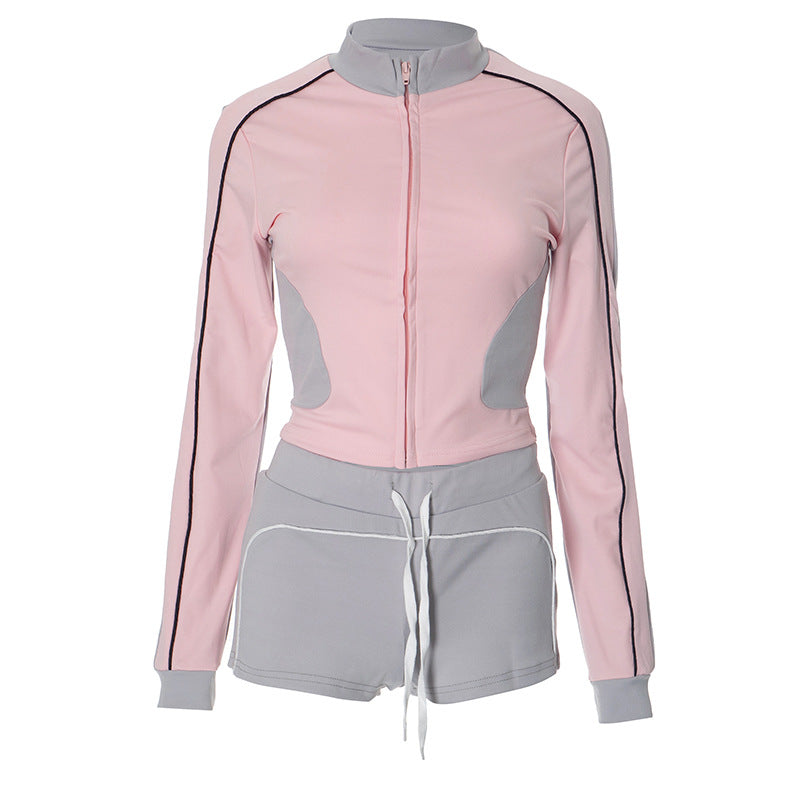 Women's New Stand-up Collar Slim Fitness Clothes Slim Top Sports Coat Shorts Suit