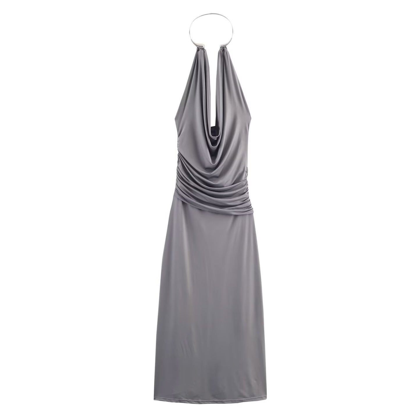 Women's new fashion sexy pleated hanging collar MIDI dress