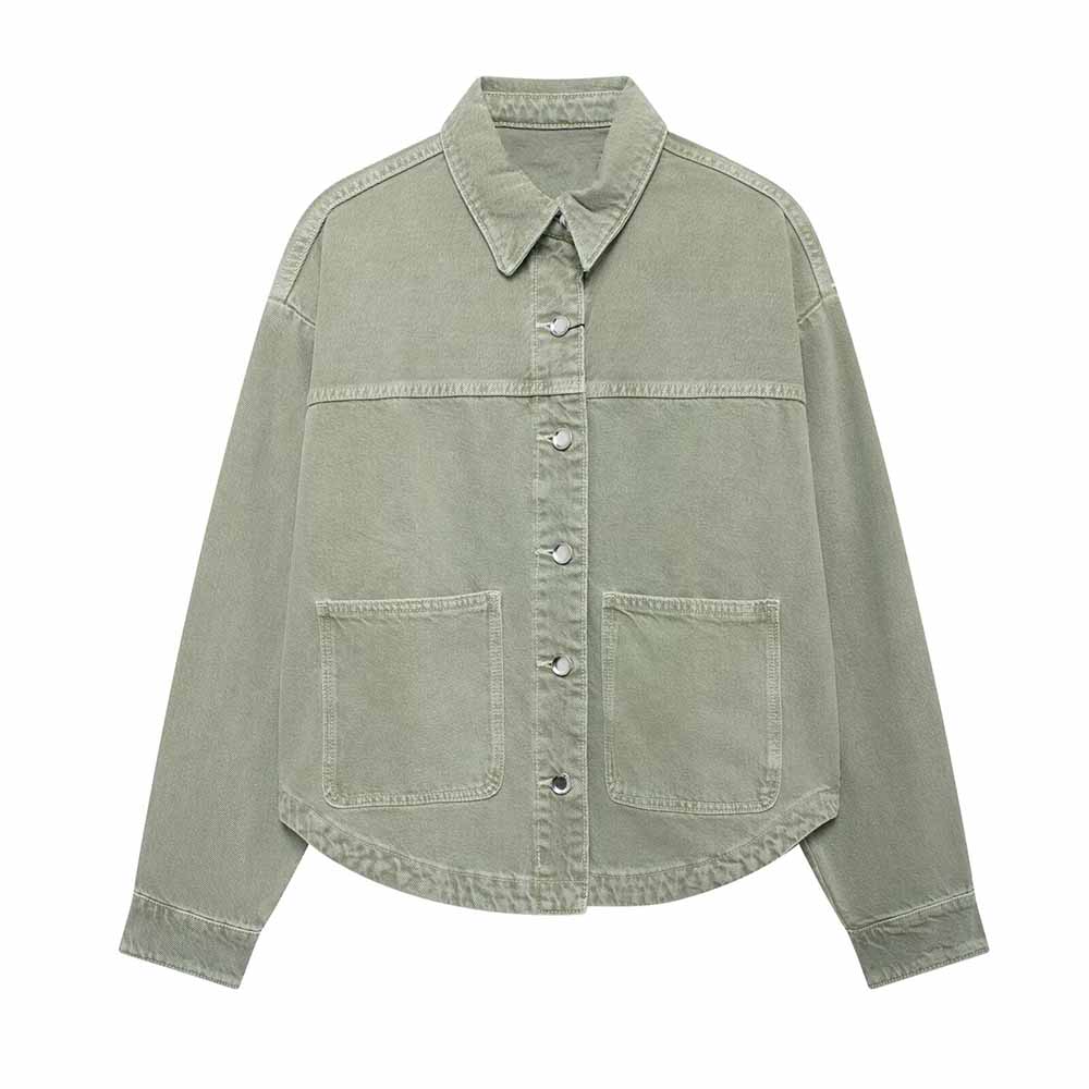 Women's new fashion patch pocket decoration casual lapel denim jacket coat retro long sleeved button up women's coat chic top