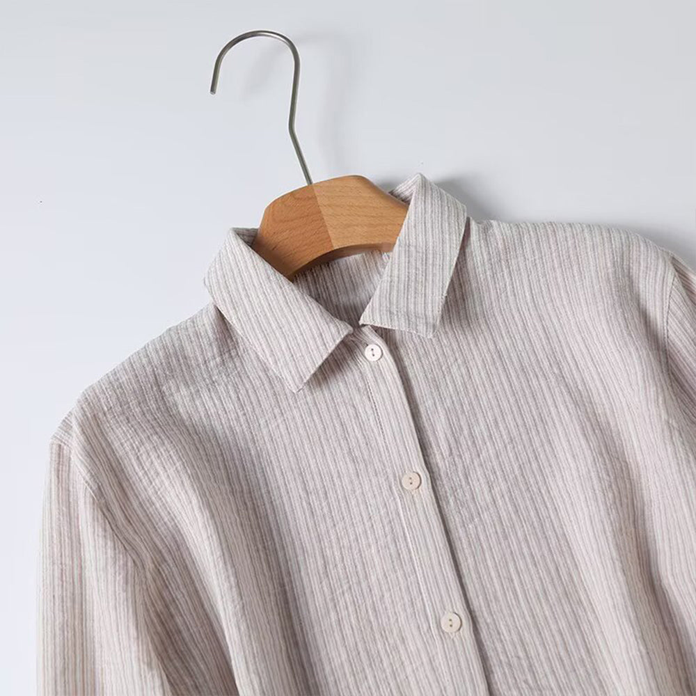 Women's new fashion long sleeved lapel textured striped shirt