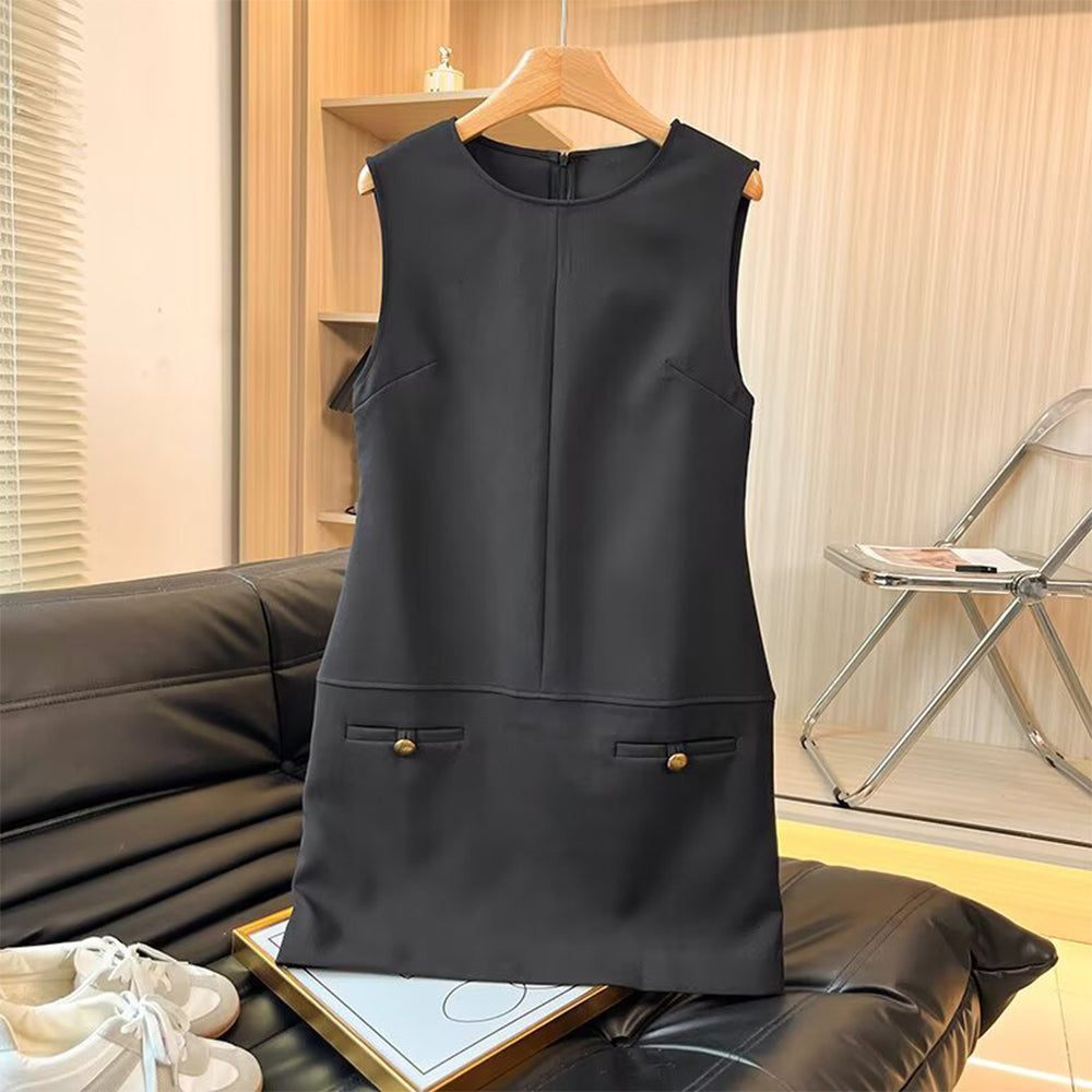Women's New Fashion Black Sleeveless Waist cinching Mini Dress