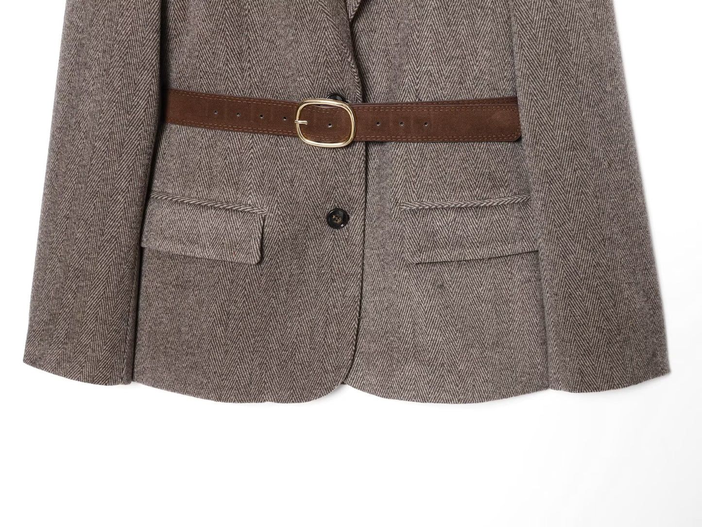 Women's with Belt herringbone diagonal Blazer Coat