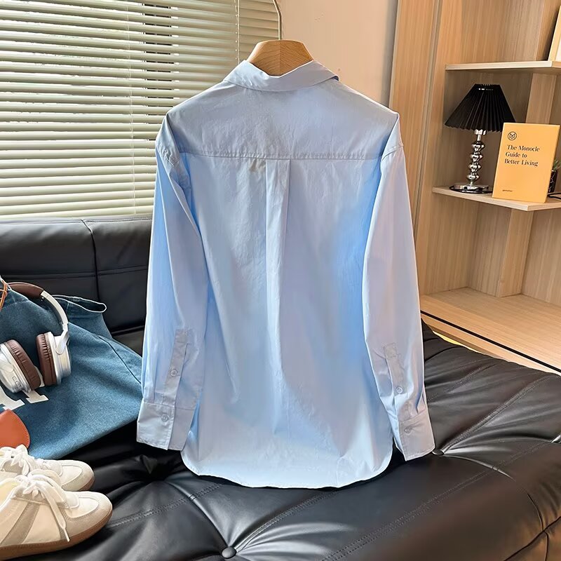 Women's new fashion loose basic style solid cotton long sleeved shirt