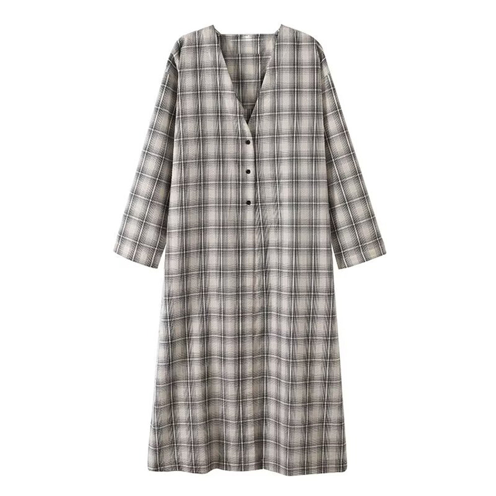 Women's new fashion casual long style V-neck plaid shirt