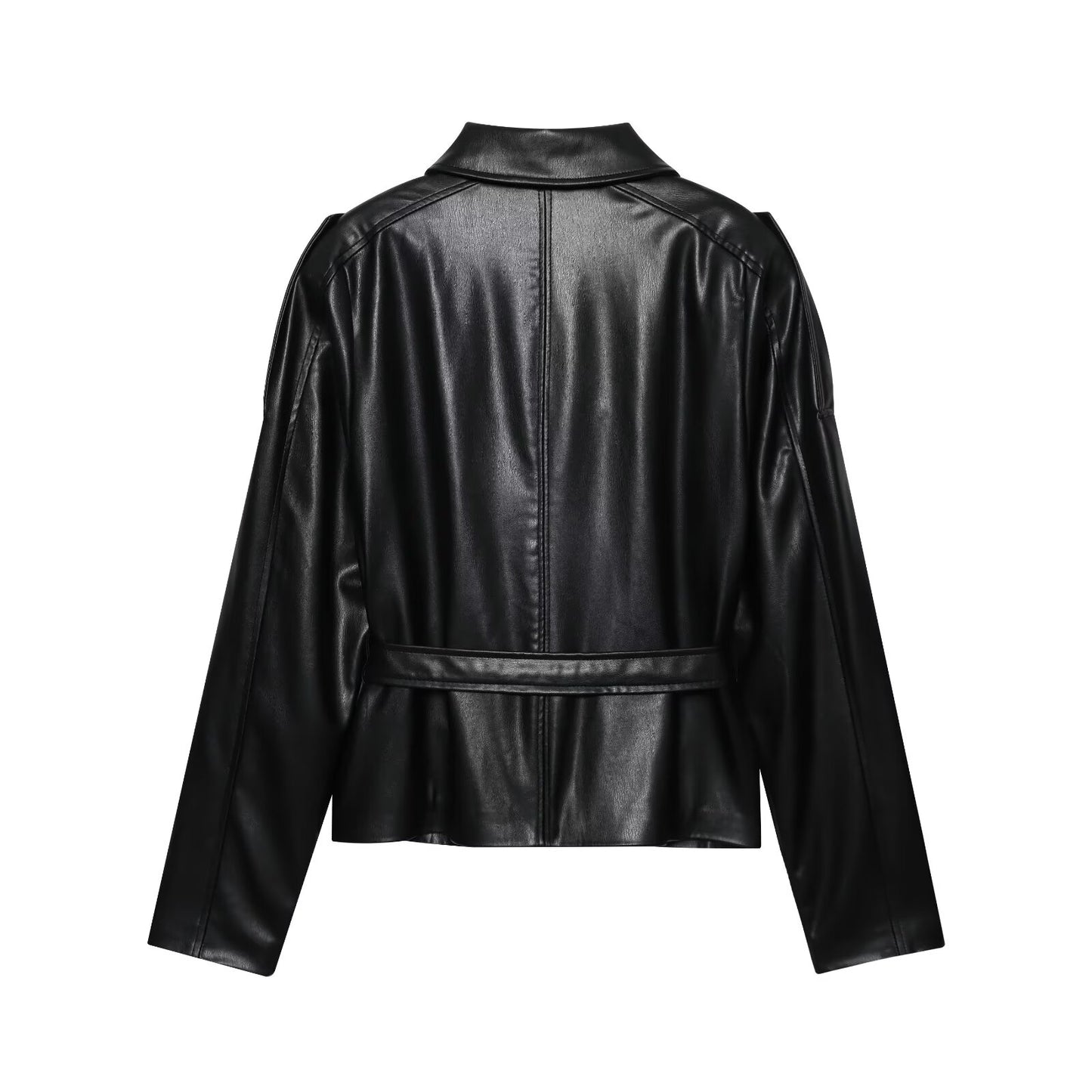 Women's new fashion with Belt black short Faux Leather windbreaker Coat