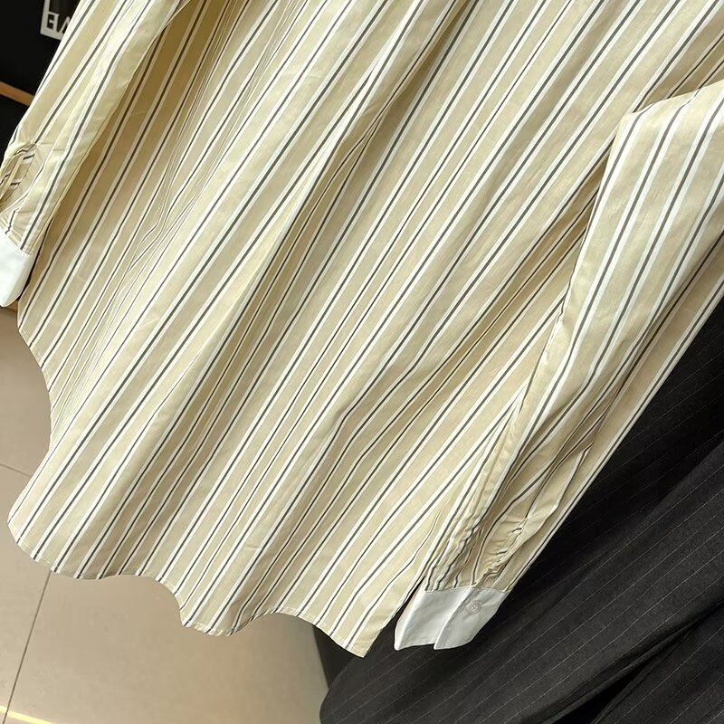 Women's new loose contrasting striped lapel shirt