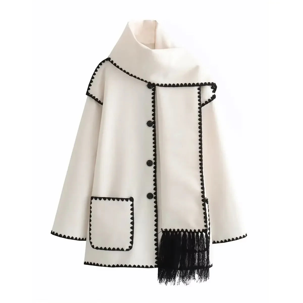 Women's new fashion scarf decoration loose single breasted patchwork woolen coat retro long sleeved pocket women's coat Chic top