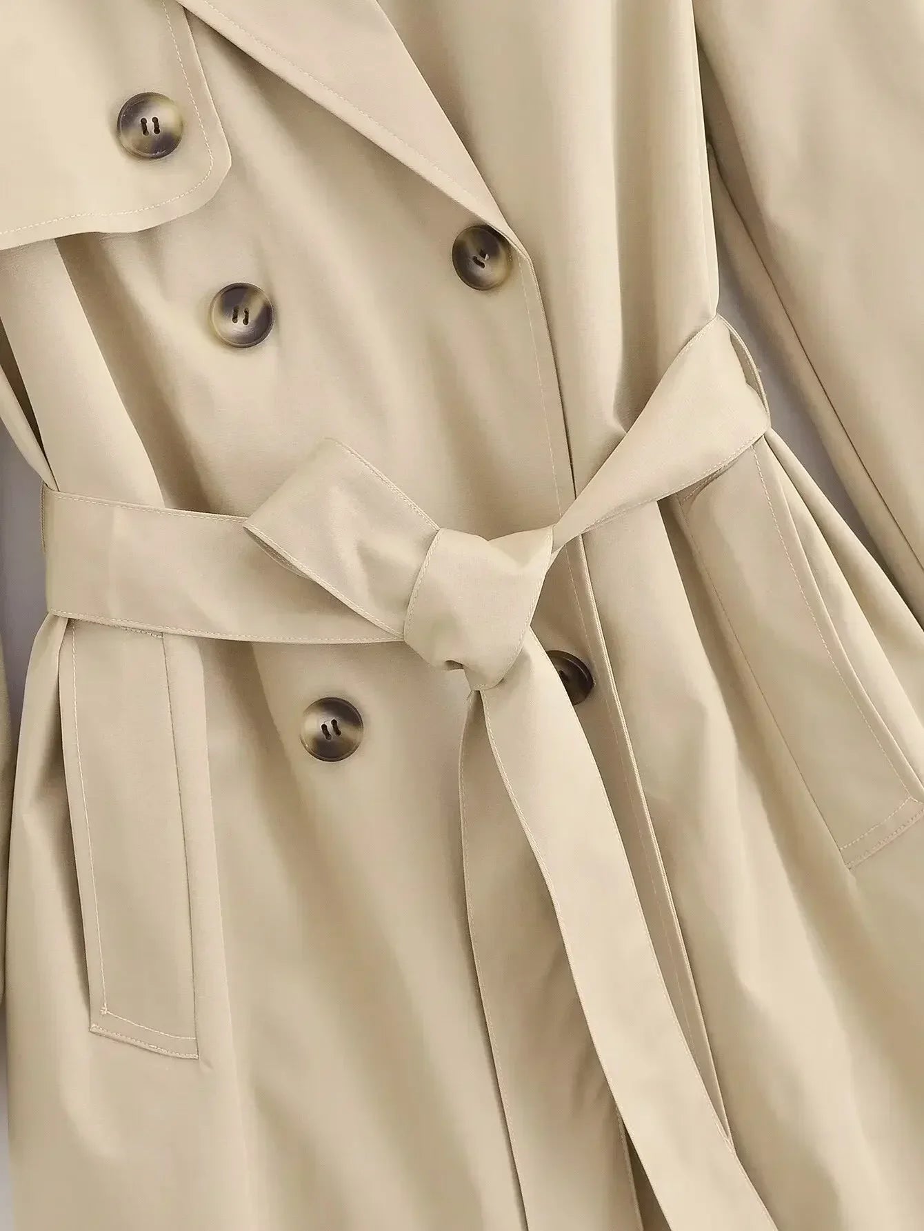 Women's new fashion with belt loose long style double breasted windbreaker coat retro long sleeved pocket women's coat chic top