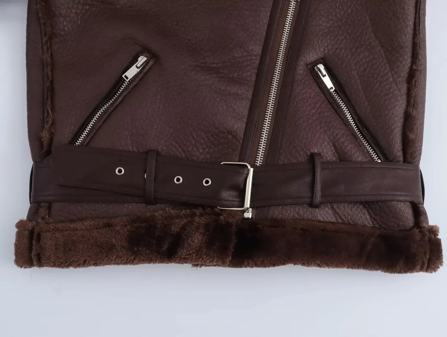 Women's new Fashion With Belt casual thick warm Fur Faux Leather jacket retro long sleeved zipper pocket women's Coat chic top