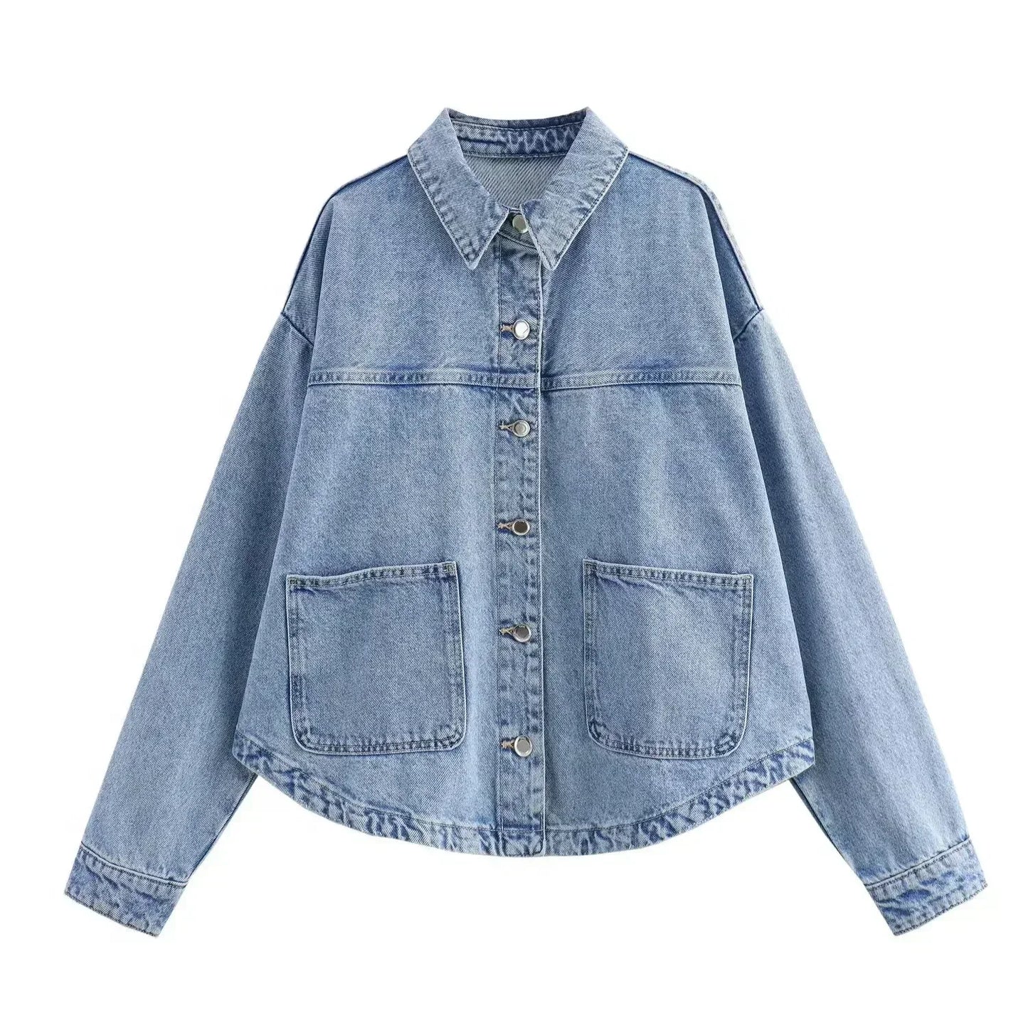 Women's new fashion large pocket decoration loose casual denim jacket coat retro long sleeved Button up women's coat chic