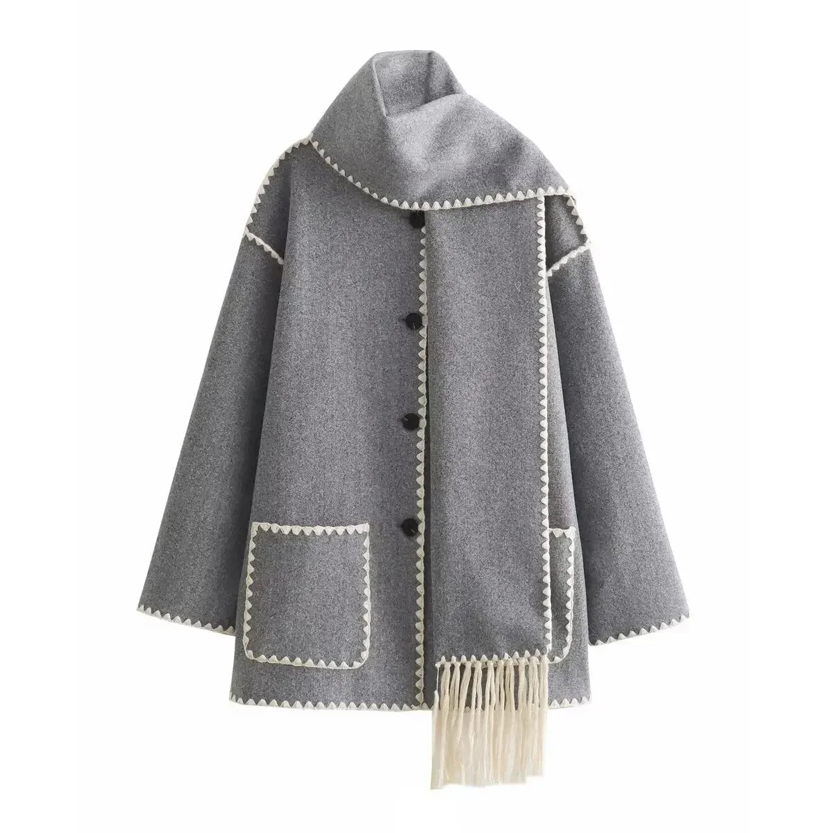 Women's new fashion scarf decoration loose single breasted patchwork woolen coat retro long sleeved pocket women's coat Chic top