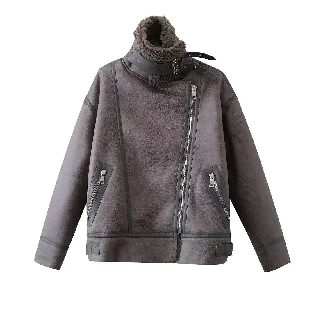 Women's new fashion belt decoration casual heavy industry Fur Faux Leather jacket retro long sleeved zipper Female Coat chic top