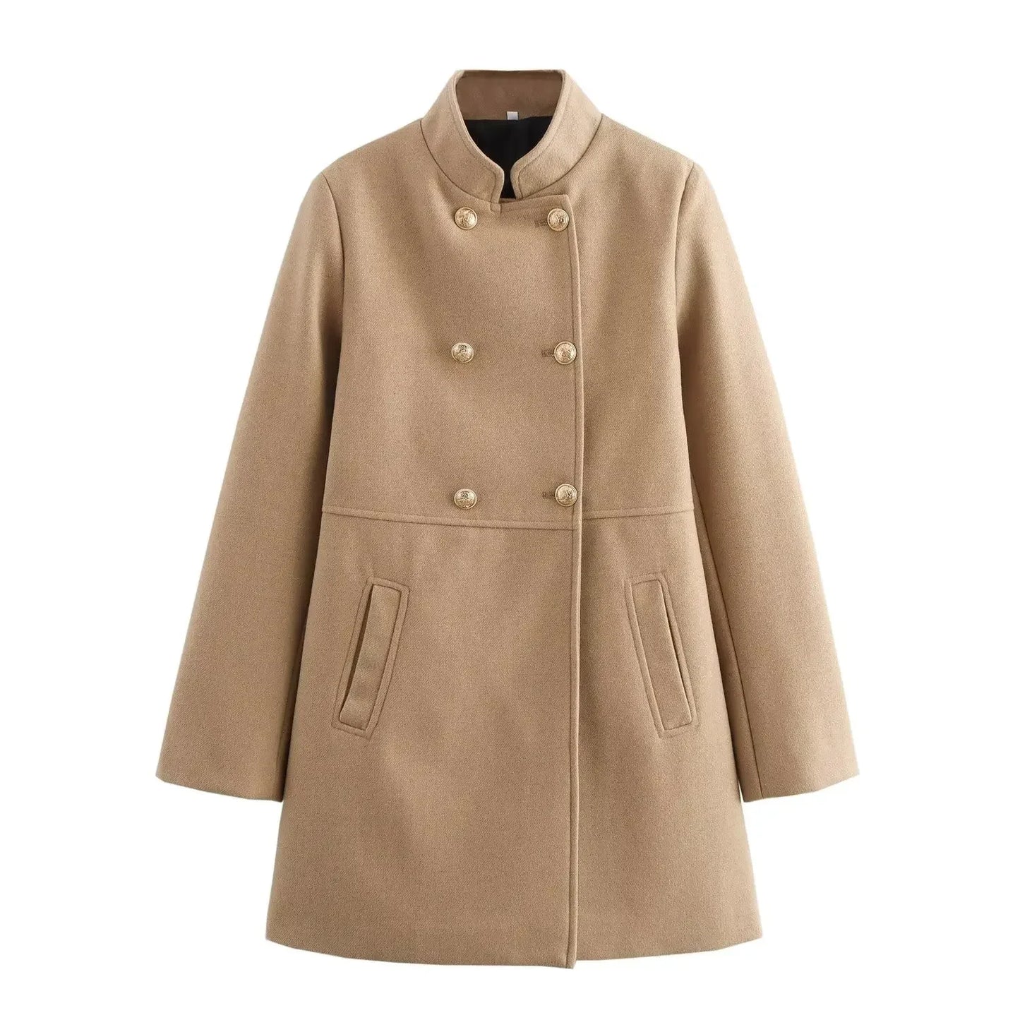 Women's new fashion gold double breasted decoration slim stand Neck woolen coat retro long sleeved pocket women's coat Chic top