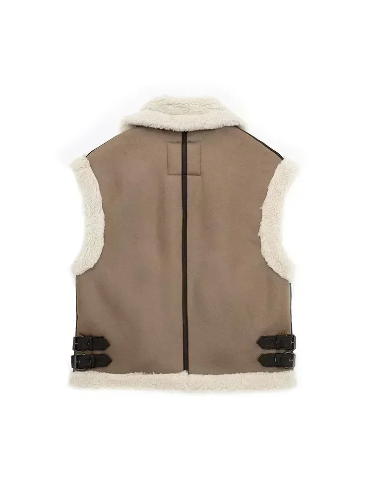 Women 2024 autumn New Fashion Fleece stitching vest Vintage Sleeveless Pockets Female Waistcoat Chic Tops